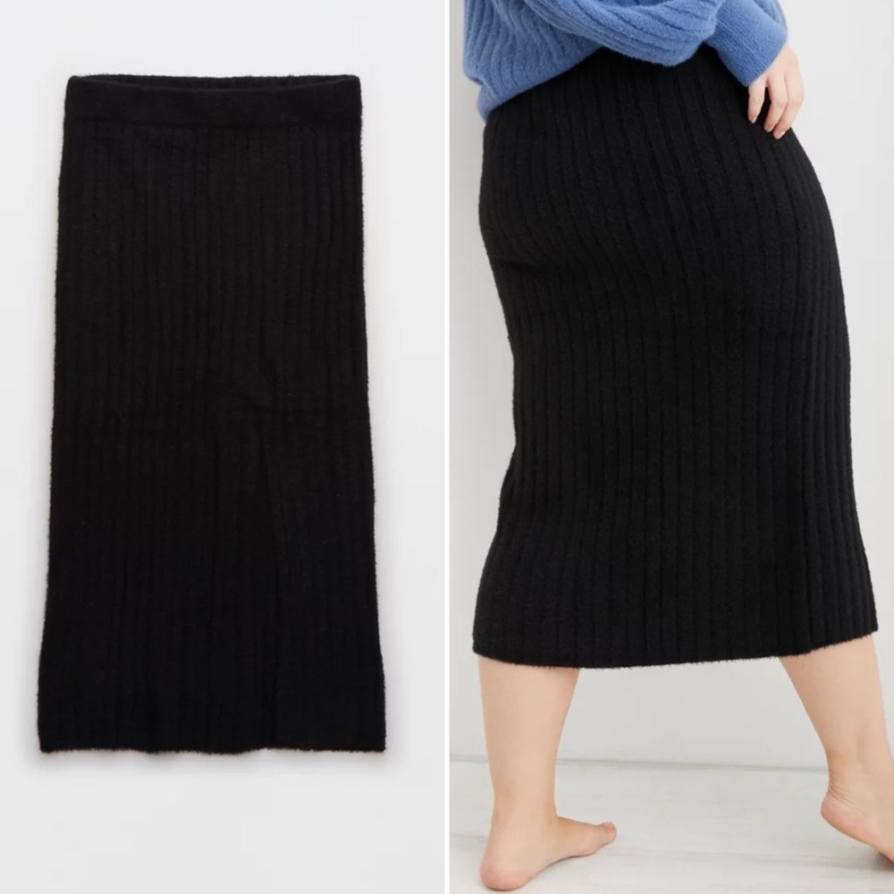 American Eagle Outfitters Black Ribbed Knit Cozy Midi Skirt Size Small